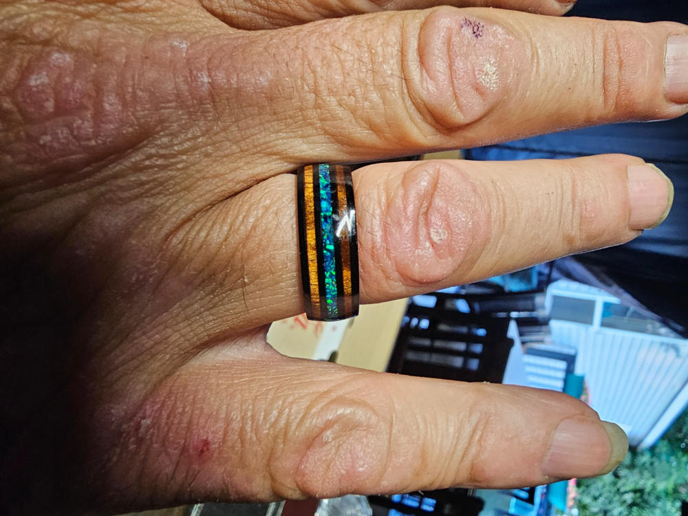 Black Zirconium 8mm Ring with Azure Blue Opal & Hawaiian Koa Wood - Dome Shape, Comfort Fitment - Customer Photo From Richard Fitzgerald