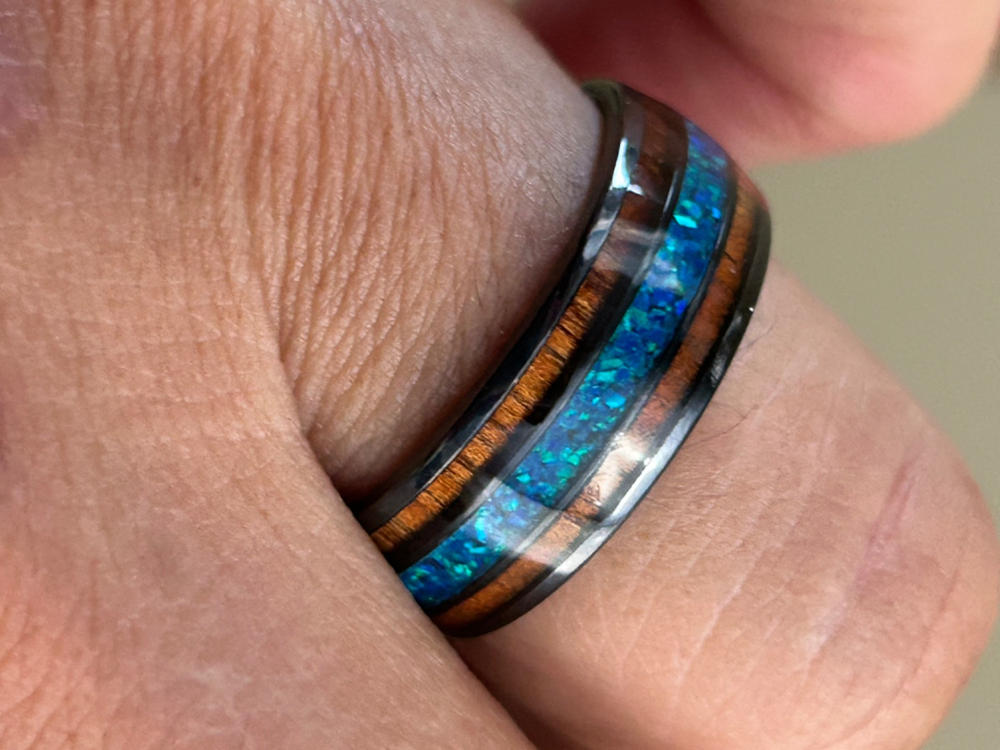 Black Zirconium 8mm Ring with Azure Blue Opal & Hawaiian Koa Wood - Dome Shape, Comfort Fitment - Customer Photo From 