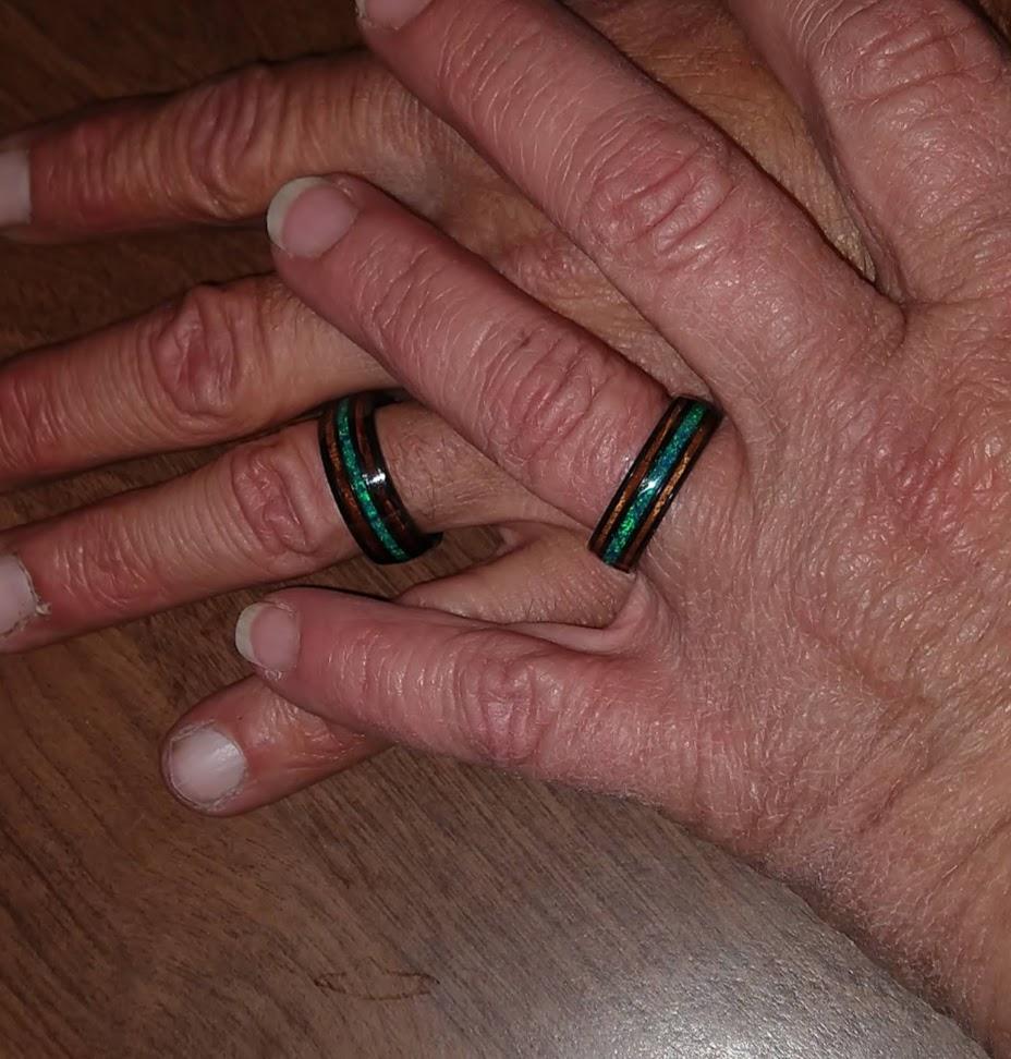 Pair of 6&8mm Zirconium Rings with Azure Blue Opal and Hawaiian Koa Wood Tri-Inlay - Dome Shape, Comfort Fitment - Customer Photo From Rebecca W.