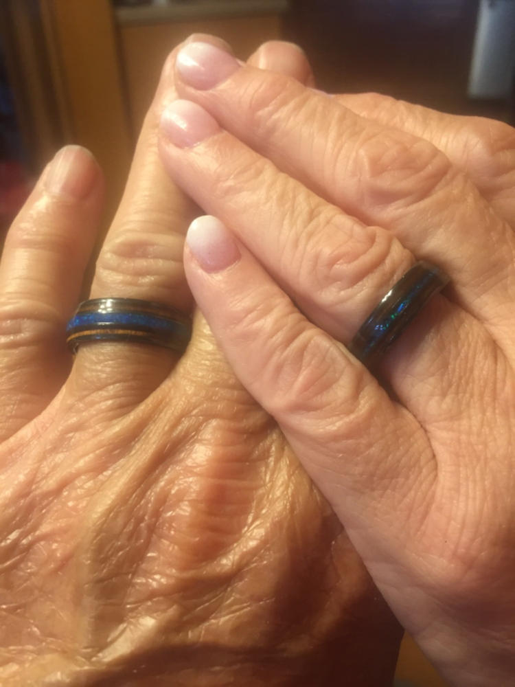 Pair of 6&8mm Zirconium Rings with Azure Blue Opal and Hawaiian Koa Wood Tri-Inlay - Dome Shape, Comfort Fitment - Customer Photo From Gabe Lawlis