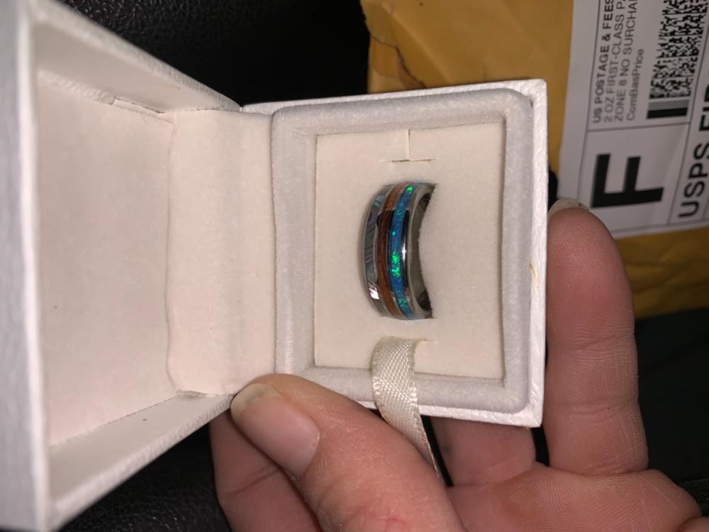 Tungsten Carbide 8mm Ring with Abalone Shell, Koa Wood, & Blue Opal Tri-Inlay - Dome Shape, Comfort Fitment - Customer Photo From Randii D.