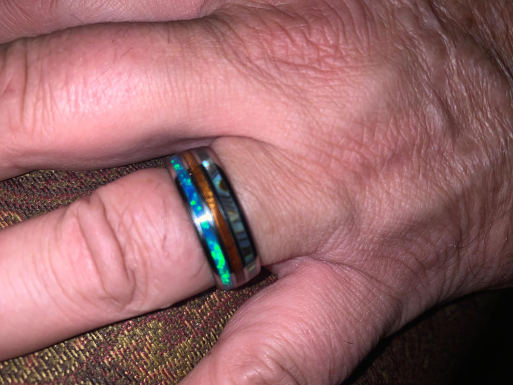 Tungsten Carbide 8mm Ring with Abalone Shell, Koa Wood, & Blue Opal Tri-Inlay - Dome Shape, Comfort Fitment - Customer Photo From Kirstin Jeffers
