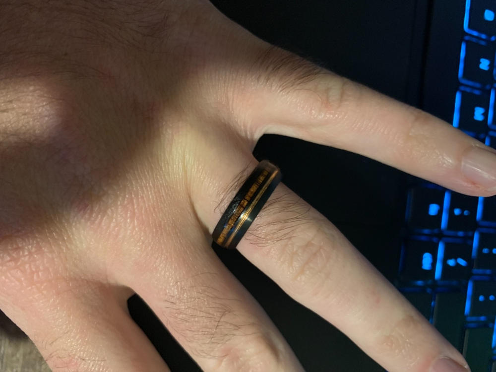 Black & Rose Gold Tungsten Ring with Offset Strip and Koa Wood Inlay - 6mm, Dome Shape, Comfort Fitment - Customer Photo From Visa Cardholder