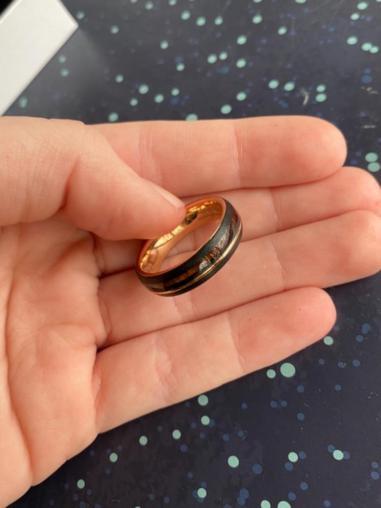 Black & Rose Gold Tungsten Ring with Offset Strip and Koa Wood Inlay - 6mm, Dome Shape, Comfort Fitment - Customer Photo From Emma Hunyady