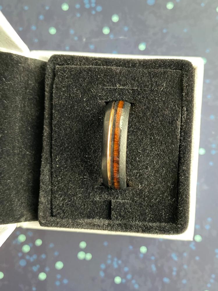Black & Rose Gold Tungsten Ring with Offset Strip and Koa Wood Inlay - 6mm, Dome Shape, Comfort Fitment - Customer Photo From Emma Hunyady
