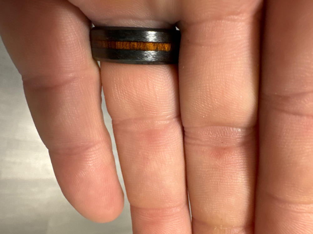 Black Zirconium Cross Brushed Beveled Edge Ring with Hawaiian Koa Wood Inlay - 8mm, Flat Shape, Comfort Fitment - Customer Photo From MARTY WALTON