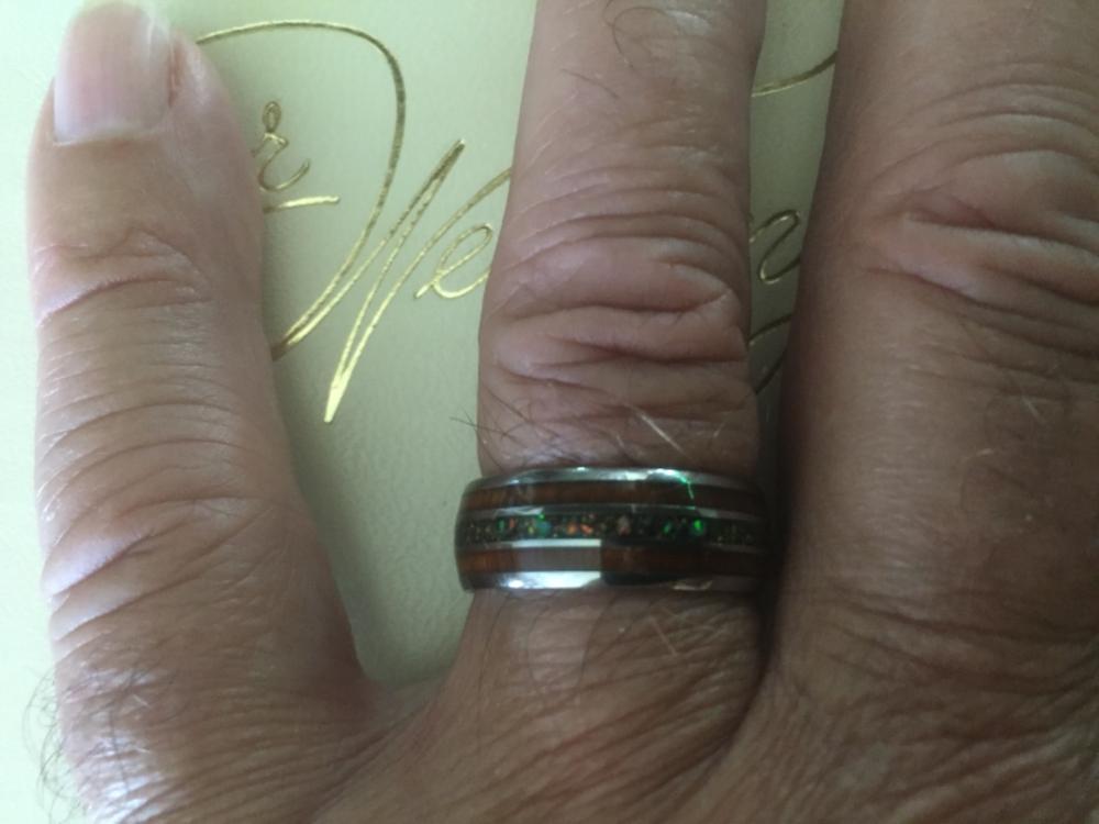 Tungsten Carbide Ring with Fire Opal & Koa Wood Tri Inlay - 8mm, Dome Shape, Comfort Fitment - Customer Photo From Terrence S.