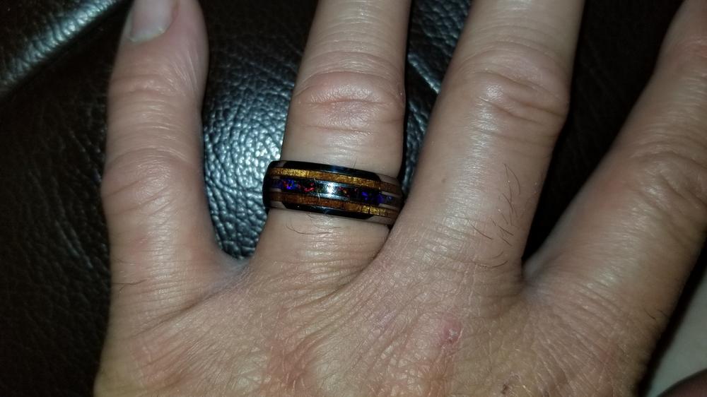 Tungsten Carbide Ring with Fire Opal & Koa Wood Tri Inlay - 8mm, Dome Shape, Comfort Fitment - Customer Photo From Sarah J.
