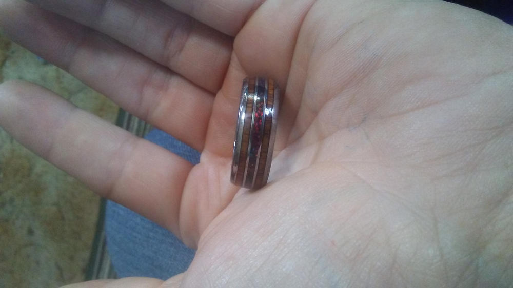 Tungsten Carbide Ring with Fire Opal & Koa Wood Tri Inlay - 8mm, Dome Shape, Comfort Fitment - Customer Photo From Nancy C.