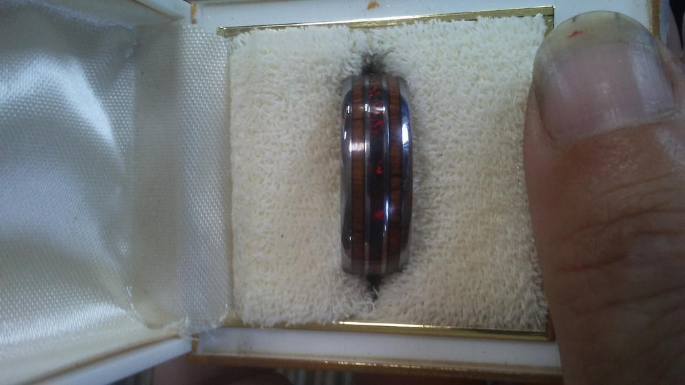Tungsten Carbide Ring with Fire Opal & Koa Wood Tri Inlay - 8mm, Dome Shape, Comfort Fitment - Customer Photo From Nancy C.