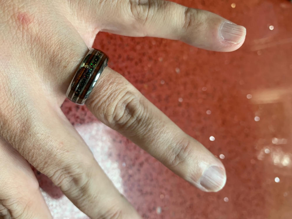 Tungsten Carbide Ring with Fire Opal & Koa Wood Tri Inlay - 8mm, Dome Shape, Comfort Fitment - Customer Photo From David Madden