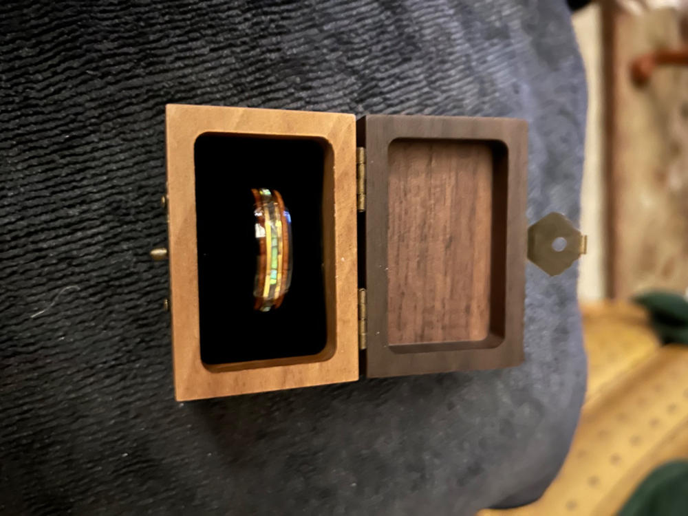 Black Tungsten with Gold Strip Ring with Abalone Shell & Hawaiian Koa Wood Tri-Inlay - 8mm, Dome Shape, Comfort Fitment - Customer Photo From Cynthia Bessman
