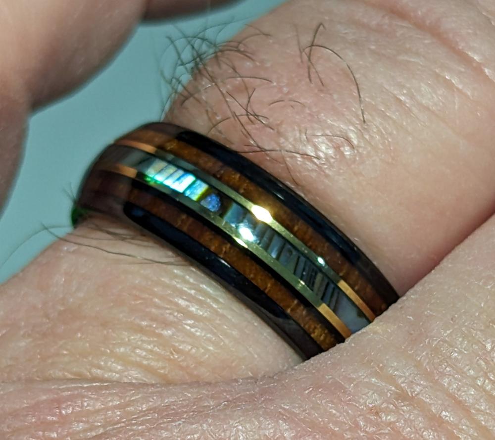 Black Tungsten with Gold Strip Ring with Abalone Shell & Hawaiian Koa Wood Tri-Inlay - 8mm, Dome Shape, Comfort Fitment - Customer Photo From Dave Gilbert