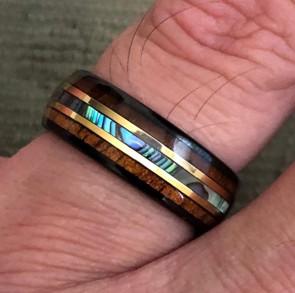 Black Tungsten with Gold Strip Ring with Abalone Shell & Hawaiian Koa Wood Tri-Inlay - 8mm, Dome Shape, Comfort Fitment - Customer Photo From Stephanie H.