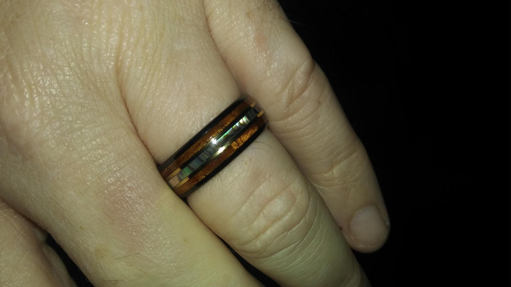 Black Tungsten with Gold Strip Ring with Abalone Shell & Hawaiian Koa Wood Tri-Inlay - 8mm, Dome Shape, Comfort Fitment - Customer Photo From David Leach
