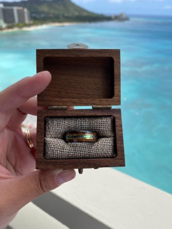 Black Tungsten with Gold Strip Ring with Abalone Shell & Hawaiian Koa Wood Tri-Inlay - 8mm, Dome Shape, Comfort Fitment - Customer Photo From Kailie Nakamoto