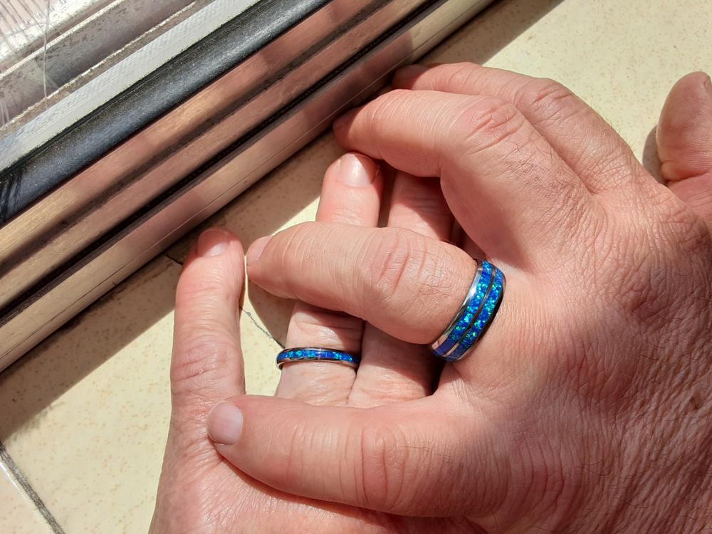 Pair of  3 & 8mm assorted Tungsten Carbide Rings with Blue Opal Inlay - Dome Shape, Comfort Fitment - Customer Photo From Valerie Clausen