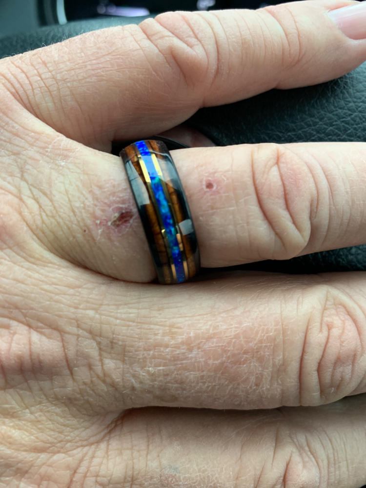 Black Tungsten with Gold Strip Ring with Blue Opal & Hawaiian Koa Wood Tri-Inlay - 8mm, Dome Shape, Comfort Fitment - Customer Photo From Rex Stephen
