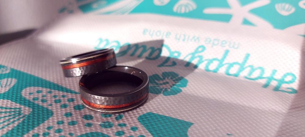 Black Zirconium Ring with Hawaiian Koa Wood & Guitar String / 7mm Width / Flat Shape , Comfort Fitment - Customer Photo From Patricia Perković