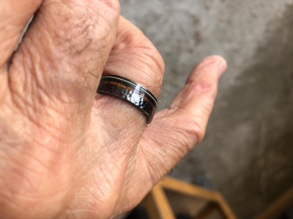 Black Zirconium Ring with Hawaiian Koa Wood & Guitar String / 7mm Width / Flat Shape , Comfort Fitment - Customer Photo From Mark Coffman