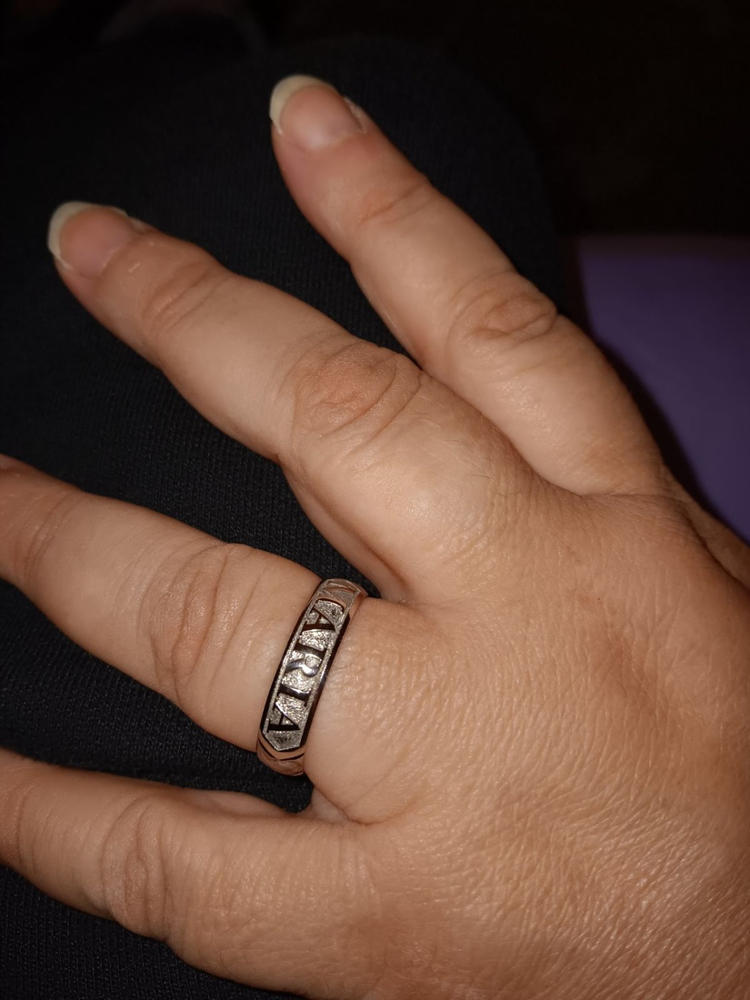 14K Gold Personalized Name Ring [6 or 8mm width] Hand Made Hawaiian Jewelry / Barrel Shape - Customer Photo From Maria Fernandez-Hernandez