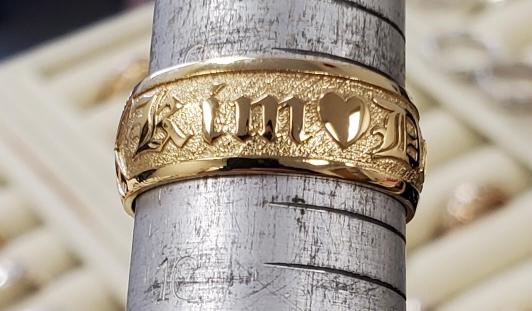 14K Gold Personalized Name Ring [6 or 8mm width] Hand Made Hawaiian Jewelry / Barrel Shape - Customer Photo From Kim
