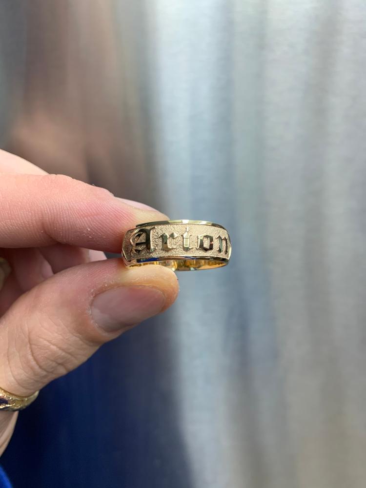 14K Gold Personalized Name Ring [6 or 8mm width] Hand Made Hawaiian Jewelry / Barrel Shape - Customer Photo From Tyger