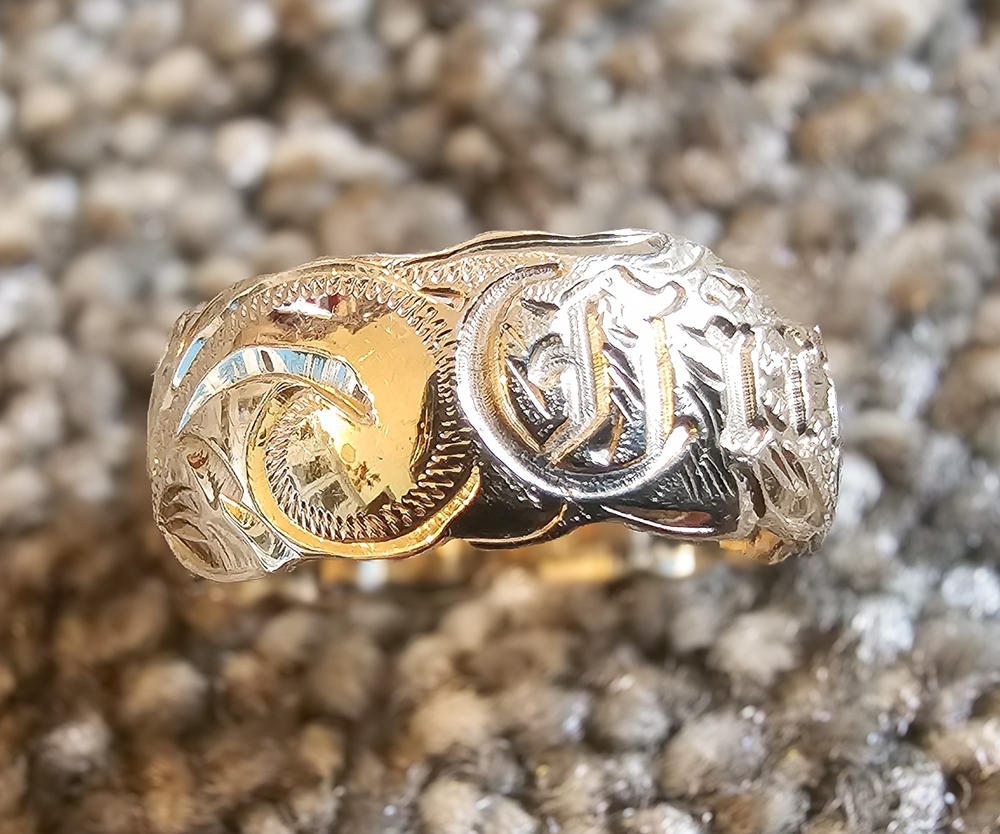 14K Gold Personalized Name Ring [6 or 8mm width] Hand Made Hawaiian Jewelry / Barrel Shape - Customer Photo From Donna L Imsand