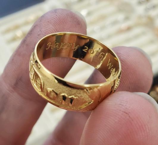 14K Gold Personalized Name Ring [6 or 8mm width] Hand Made Hawaiian Jewelry / Barrel Shape - Customer Photo From Kim