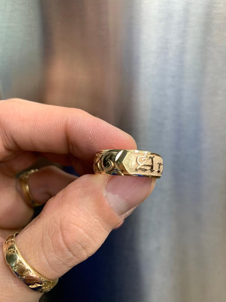 14K Gold Personalized Name Ring [6 or 8mm width] Hand Made Hawaiian Jewelry / Barrel Shape - Customer Photo From Tyger