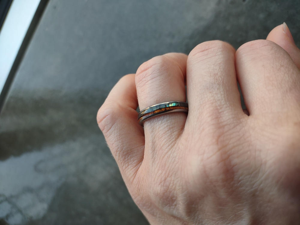 Tungsten Carbide Ring [4mm width] Abalone Shell & Koa Wood Duo Inlay - Barrel Shape, Comfort Fitment - Customer Photo From Stacy Sherwood