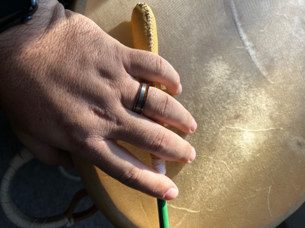 Tungsten Carbide Ring [7mm width] Offset Brush Finish & Hawaiian Koa Inlay - Flat Shape, Comfort Fitment - Customer Photo From Joe Ulestad