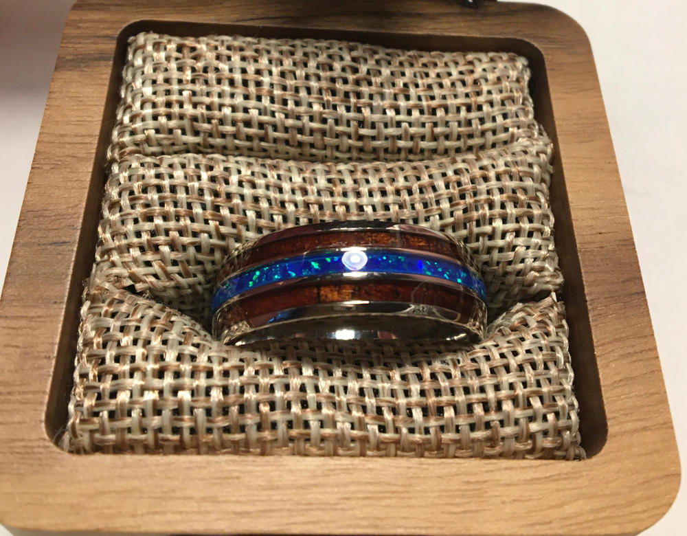 14K White Gold or Platinum Ring with Hawaiian Koa Wood & Blue Opal Tri-Inlay - 8mm, Dome Shape, Comfort Fitment - Customer Photo From Matthew Skinner