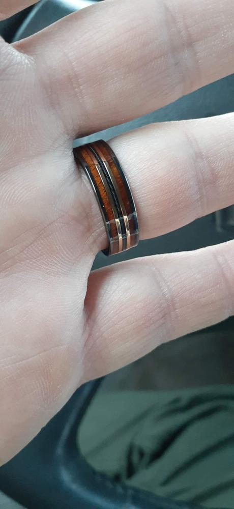 Gun Grey Tungsten Carbide Mid-Rose Gold Strip Ring [7mm width] Guitar String & Hawaiian Koa Wood Inlay - Flat Shape - Customer Photo From Tzviah