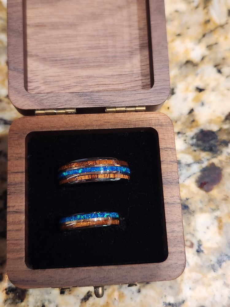 Pair of Gungrey Tungsten Carbide Mid-Rose Gold Strip Rings [5 & 8mm width] Azure Blue Opal & Hawaiian Koa Wood - Customer Photo From Lisa B