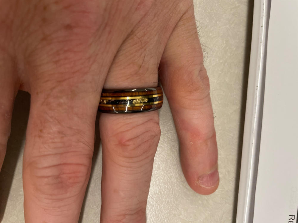 Gun Grey Tungsten Carbide Ring [8mm width] 18K Gold Flake, Meteorite, & Hawaiian Koa Wood - Customer Photo From Nathaniel Malo