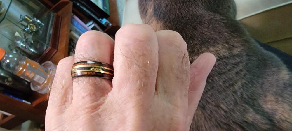 Gun Grey Tungsten Carbide Ring [8mm width] 18K Gold Flake, Meteorite, & Hawaiian Koa Wood - Customer Photo From Charna Green Evans