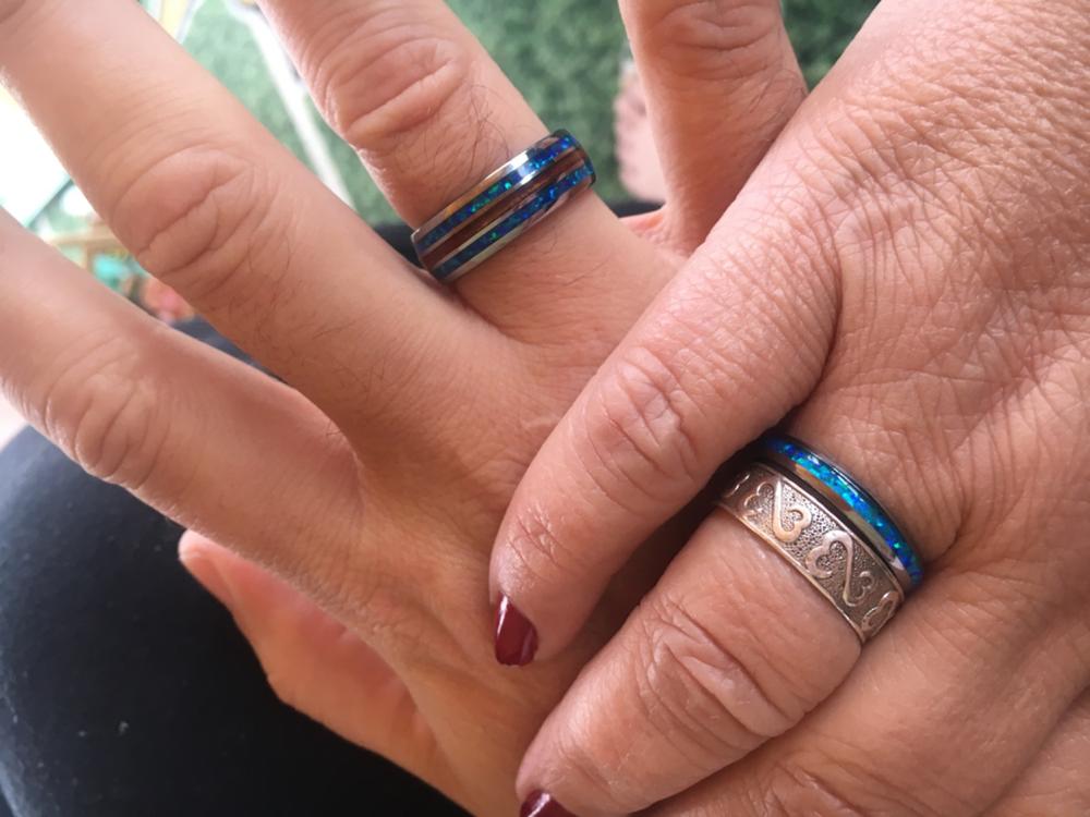 Tungsten Carbide Ring with Blue Opal & Hawaiian Koa Wood Tri-Inlay (Opal-Wood-Opal) - 8mm, Dome Shape, Comfort Fitment - Customer Photo From Jodie Rugroden