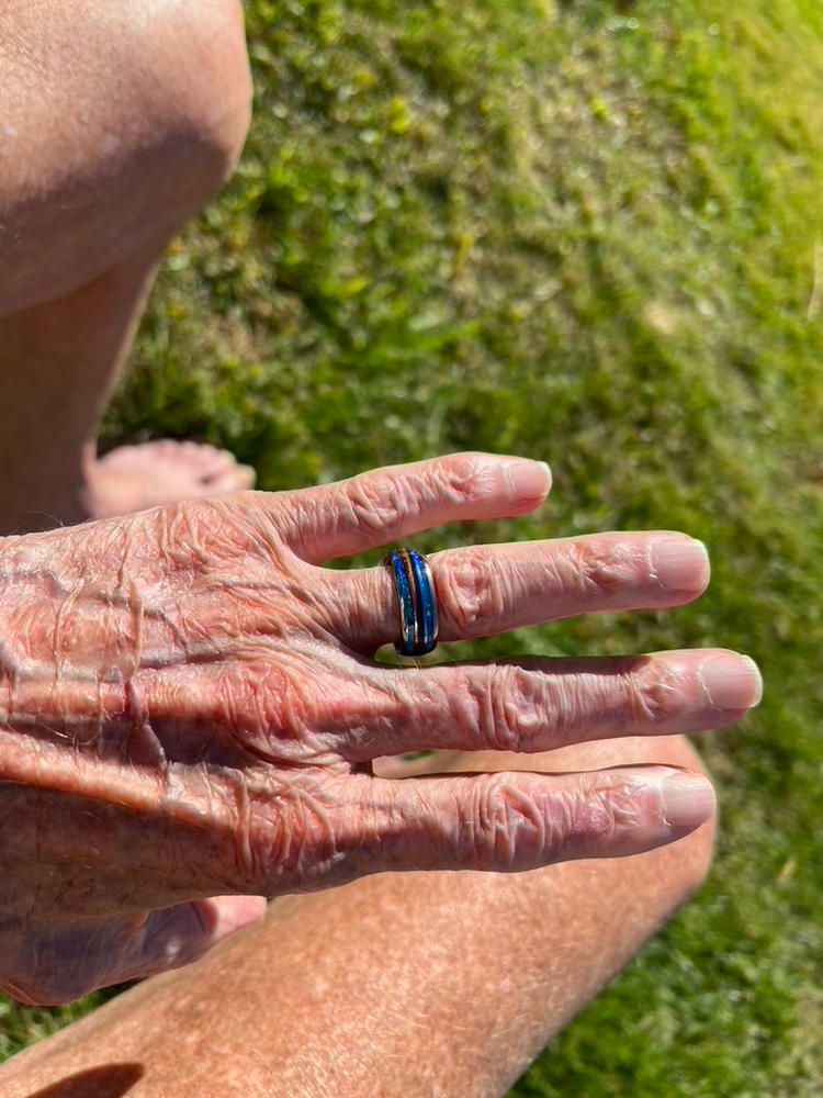 Tungsten Carbide Ring with Blue Opal & Hawaiian Koa Wood Tri-Inlay (Opal-Wood-Opal) - 8mm, Dome Shape, Comfort Fitment - Customer Photo From Richard Yarian