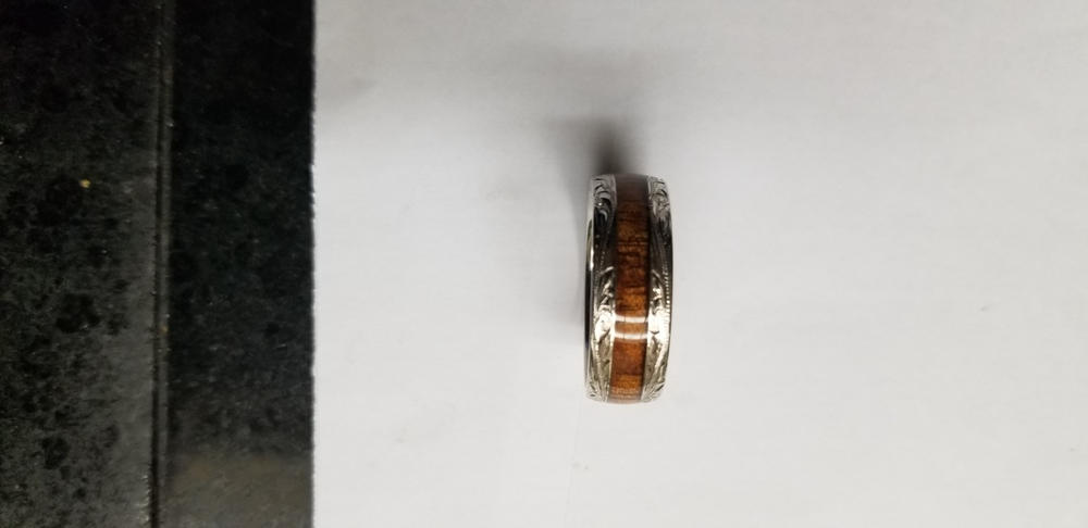 14K Gold Hand Engraved Ring [8mm width] Hawaiian Koa Wood Inlay - Customer Photo From Carl Rice
