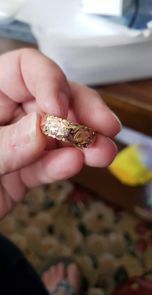 14K Gold Two Tone Ring with Hawaiian Hand Engraved Heritage Design - 8x6mm, Dome shape, Standard Fitment - Customer Photo From Sabrina