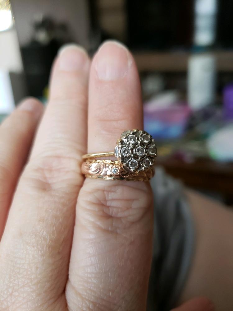 14K Gold Two Tone Ring with Hawaiian Hand Engraved Heritage Design - 8x6mm, Dome shape, Standard Fitment - Customer Photo From Sabrina