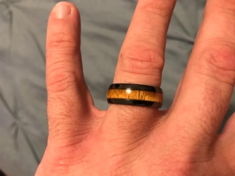 HI-TECH Black Ceramic Ring with Hawaiian Koa Wood Inlay - 8mm, Dome Shape, Comfort Fitment - Customer Photo From April H.