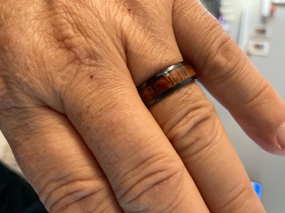 HI-TECH Black Ceramic Ring with Hawaiian Koa Wood Inlay - 8mm, Dome Shape, Comfort Fitment - Customer Photo From Dale Smith