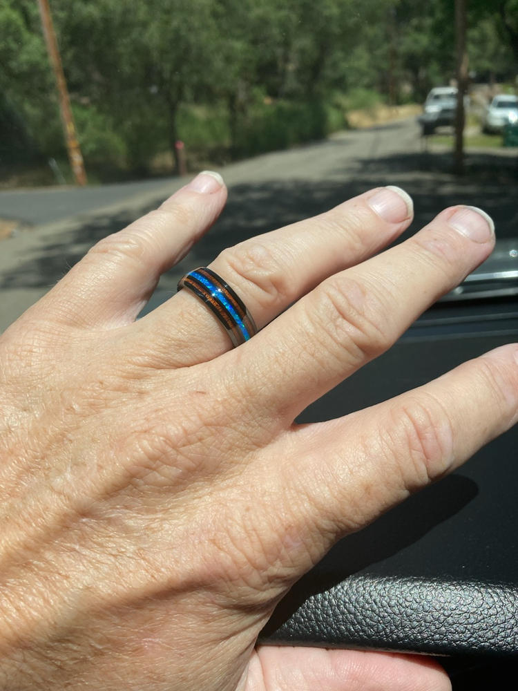 HI-TECH Black Ceramic Ring with Blue Opal & Hawaiian Koa Wood Tri Inlay - 8mm, Dome Shape, Comfort Fitment - Customer Photo From BRENDA FRACHISEUR