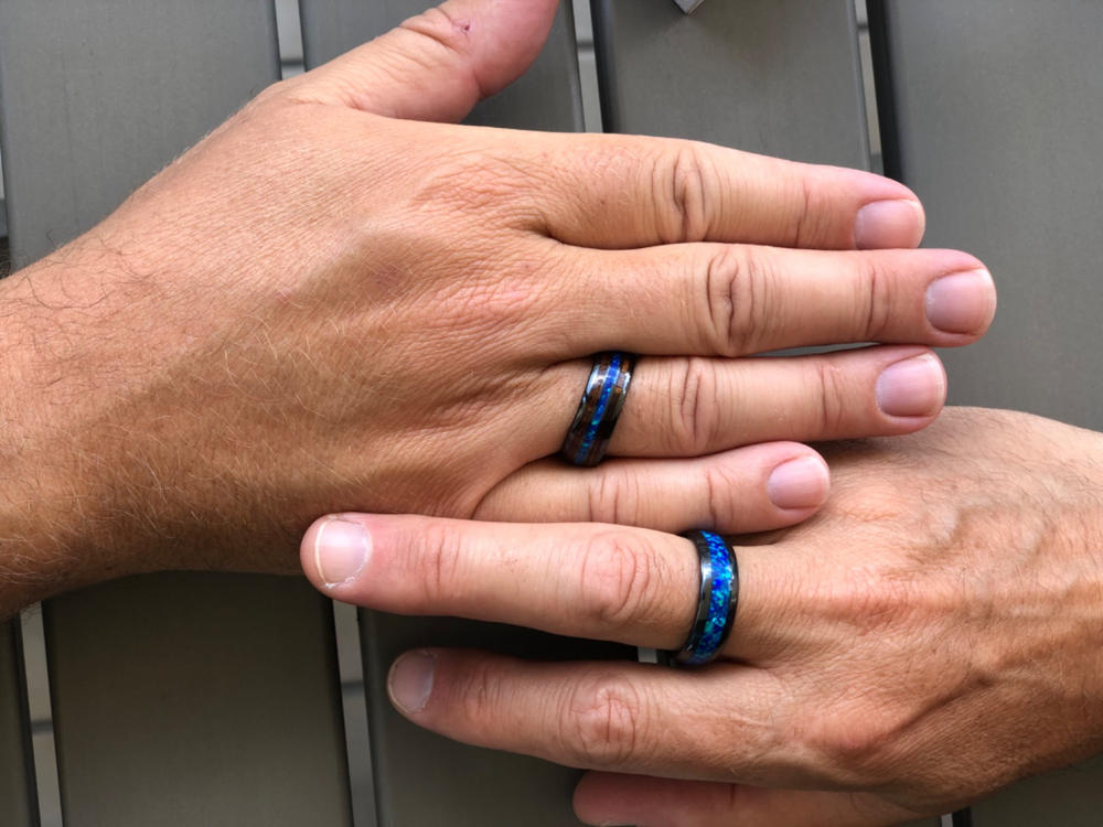 HI-TECH Black Ceramic Ring with Blue Opal & Hawaiian Koa Wood Tri Inlay - 8mm, Dome Shape, Comfort Fitment - Customer Photo From 
