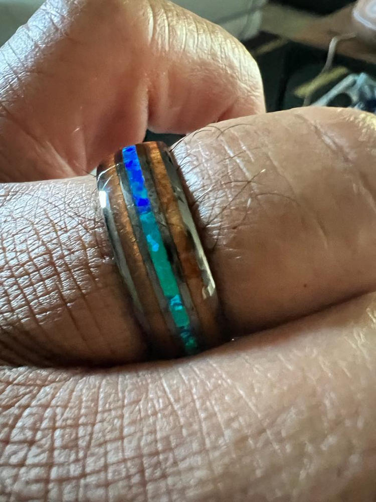 HI-TECH Black Ceramic Ring with Blue Opal & Hawaiian Koa Wood Tri Inlay - 8mm, Dome Shape, Comfort Fitment - Customer Photo From Sonji Peterson