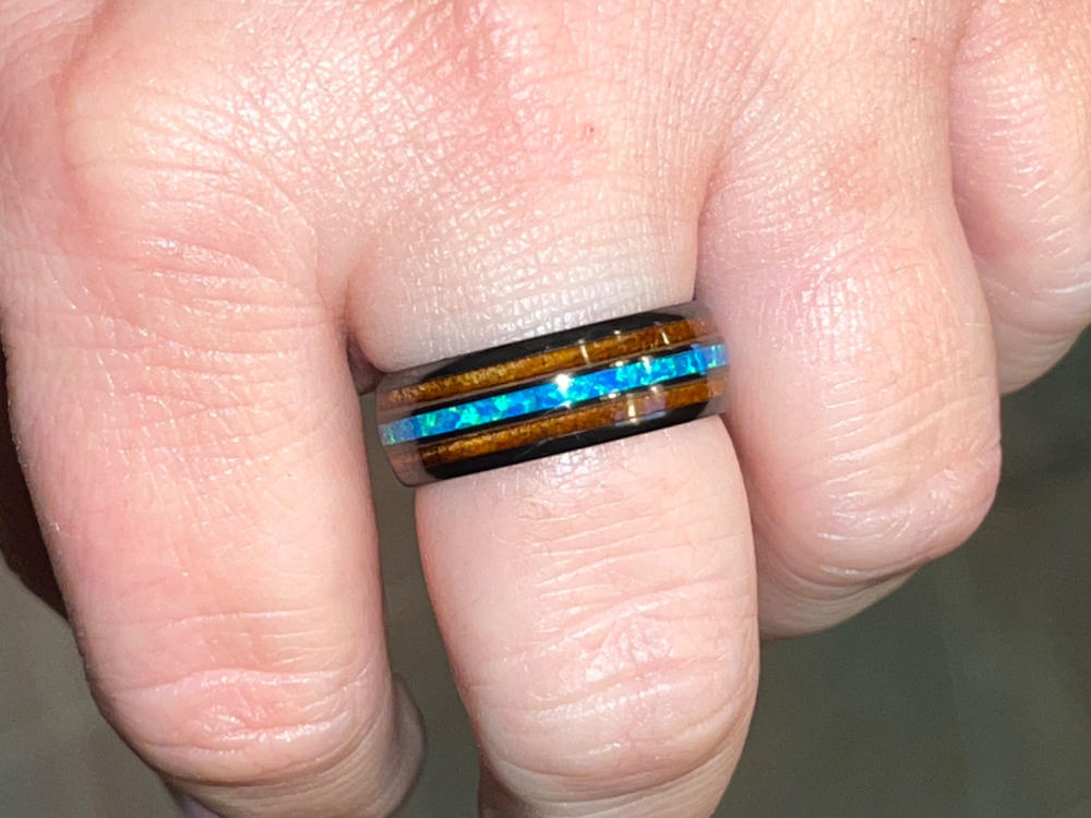 HI-TECH Black Ceramic Ring with Blue Opal & Hawaiian Koa Wood Tri Inlay - 8mm, Dome Shape, Comfort Fitment - Customer Photo From Rachel Ward