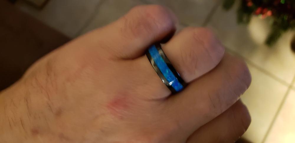 Black Hi-Tech Ceramic Ring with Blue Opal Inlay - 8mm, Dome Shape, Comfort Fitment - Customer Photo From Crystal W.