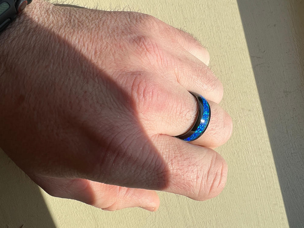 Black Hi-Tech Ceramic Ring with Blue Opal Inlay - 8mm, Dome Shape, Comfort Fitment - Customer Photo From Joe Mench